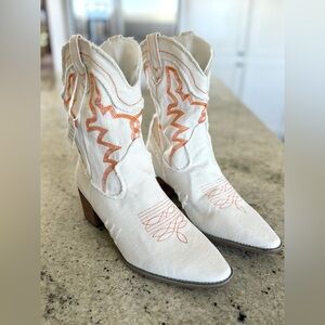 White Denim Western Heeled Boots with Orange Embroidery